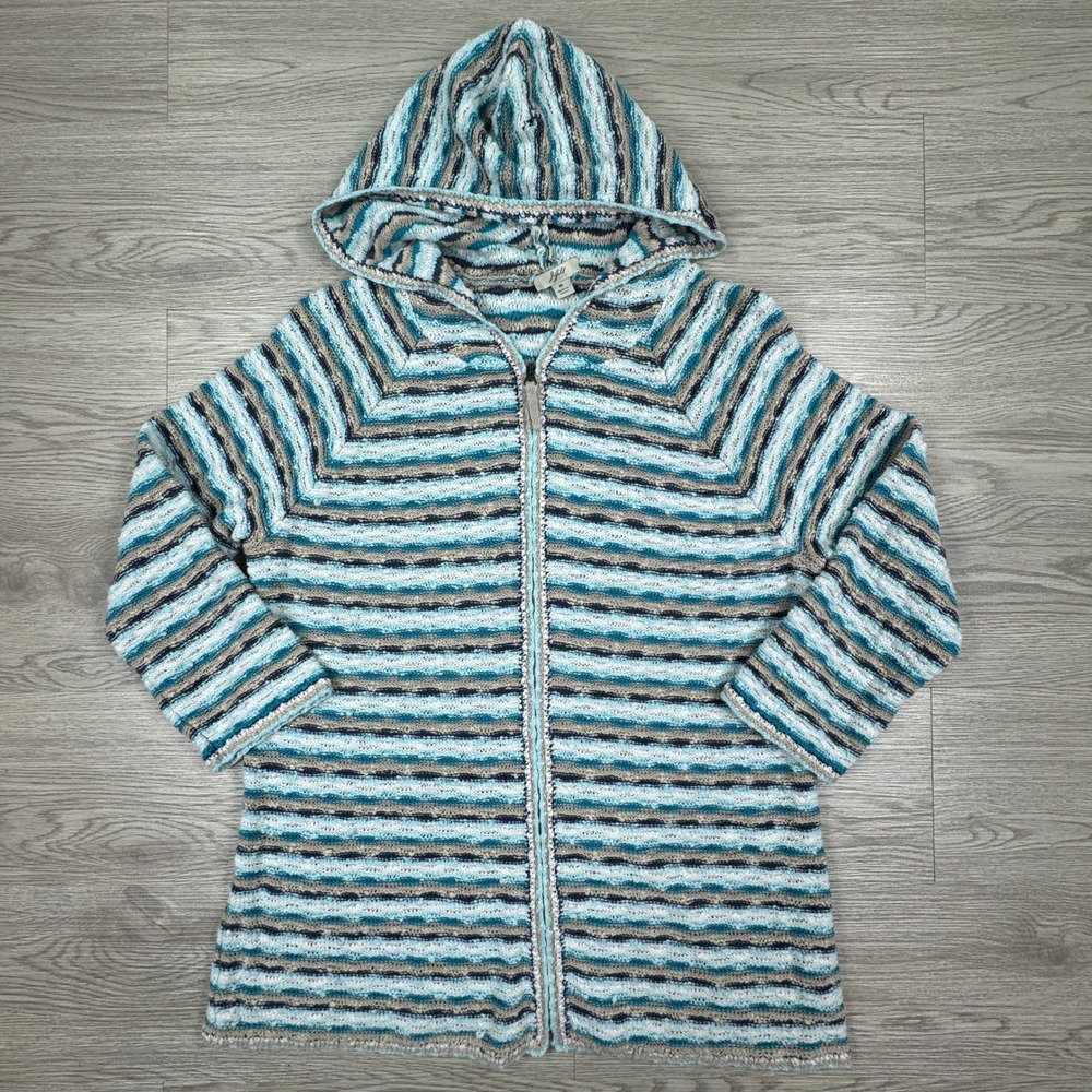 J. Jill Women's Cardigan Sweater Full Zip Hooded Striped Blue Med Cotton Linen